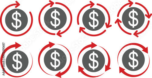 Money circulation icon set. Dollar currency exchange icon isolated on transparent background. Cashback rebate, Return money, financial services, money refund, return on investment vector signs.