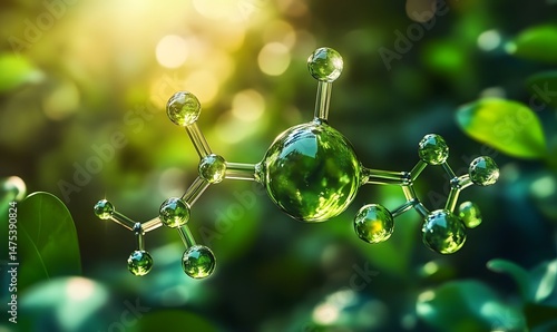 Green Organic Molecule Structure with Sunlight in Nature, Generative AI