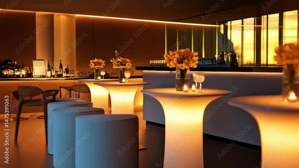 Illuminated tables with floral arrangements and glasses in a dimly lit lounge area