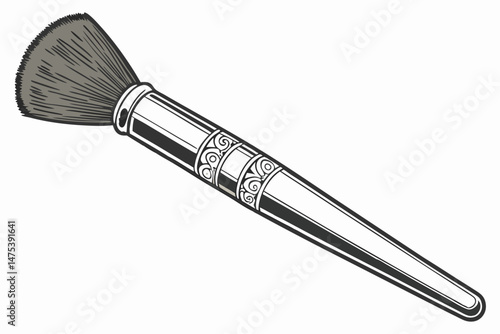 165 makeup brush, luxury art deco style, intricate metal handle, bristles made of soft dark fur, high quality professional makeup tool, studio photography, white background
