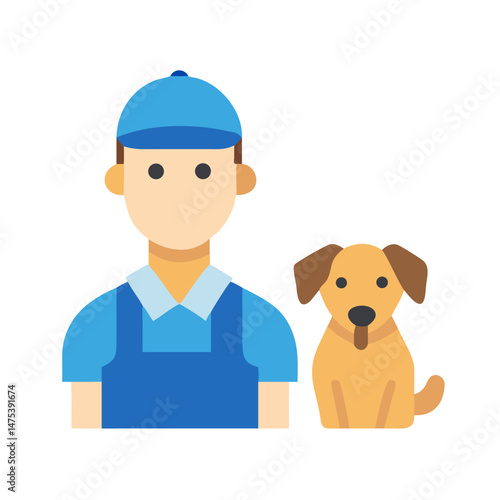 Cartoon blue-clad worker with loyal golden dog companion