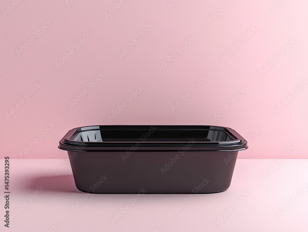 Empty black rectangular food container on pink background Empty black rectangular food container on pink background