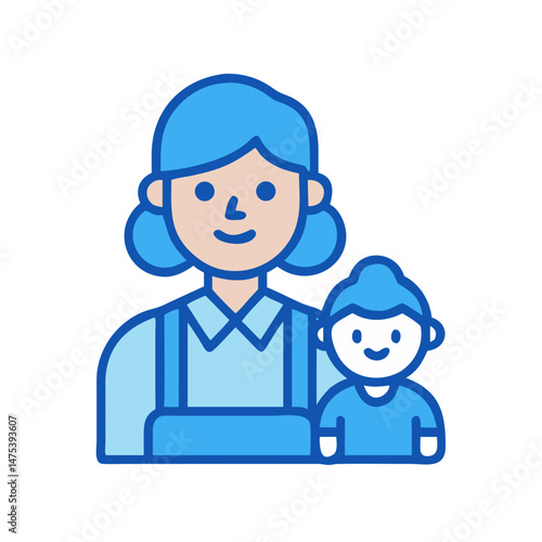 Blue Line Cartoon Woman and Child on Black