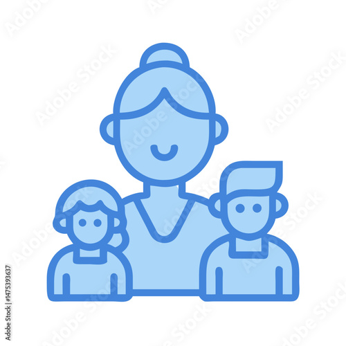 Blue family icon, mother and two children isolated