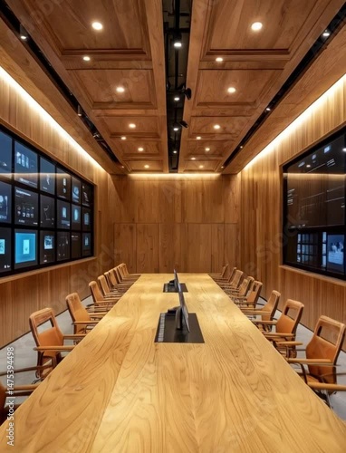 Conference room with long wooden table chairs and multiple monitors on the walls