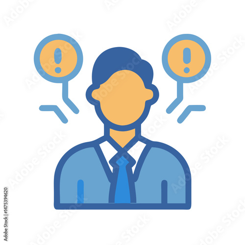 Employee with concerns, warning symbol communication on black background