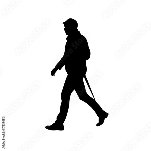 Silhouette of a Man Walking with Walking Sticks on White Background