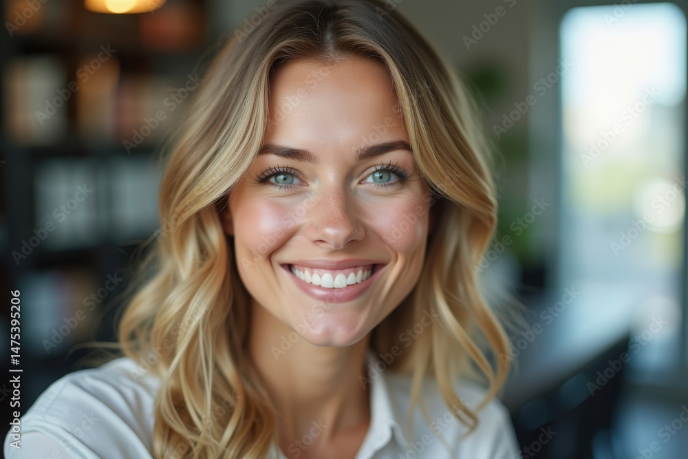Fototapeta premium Professional and Friendly Female Travel Agent Smiling in Close-Up Shot at Office, Exemplifying Outstanding Customer Service in Travel Industry