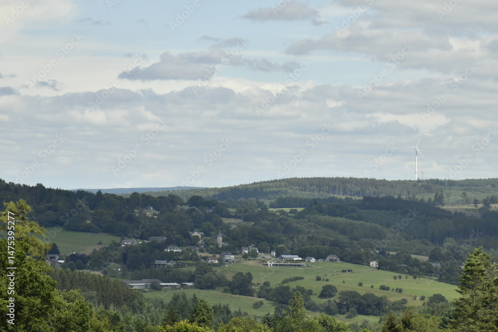 Fototapeta premium Vue panoramique du paysage de collines boisées et de champs à Bra (Lierneux)