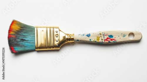 Colorful paint brush with a golden metal ferrule and a wooden handle