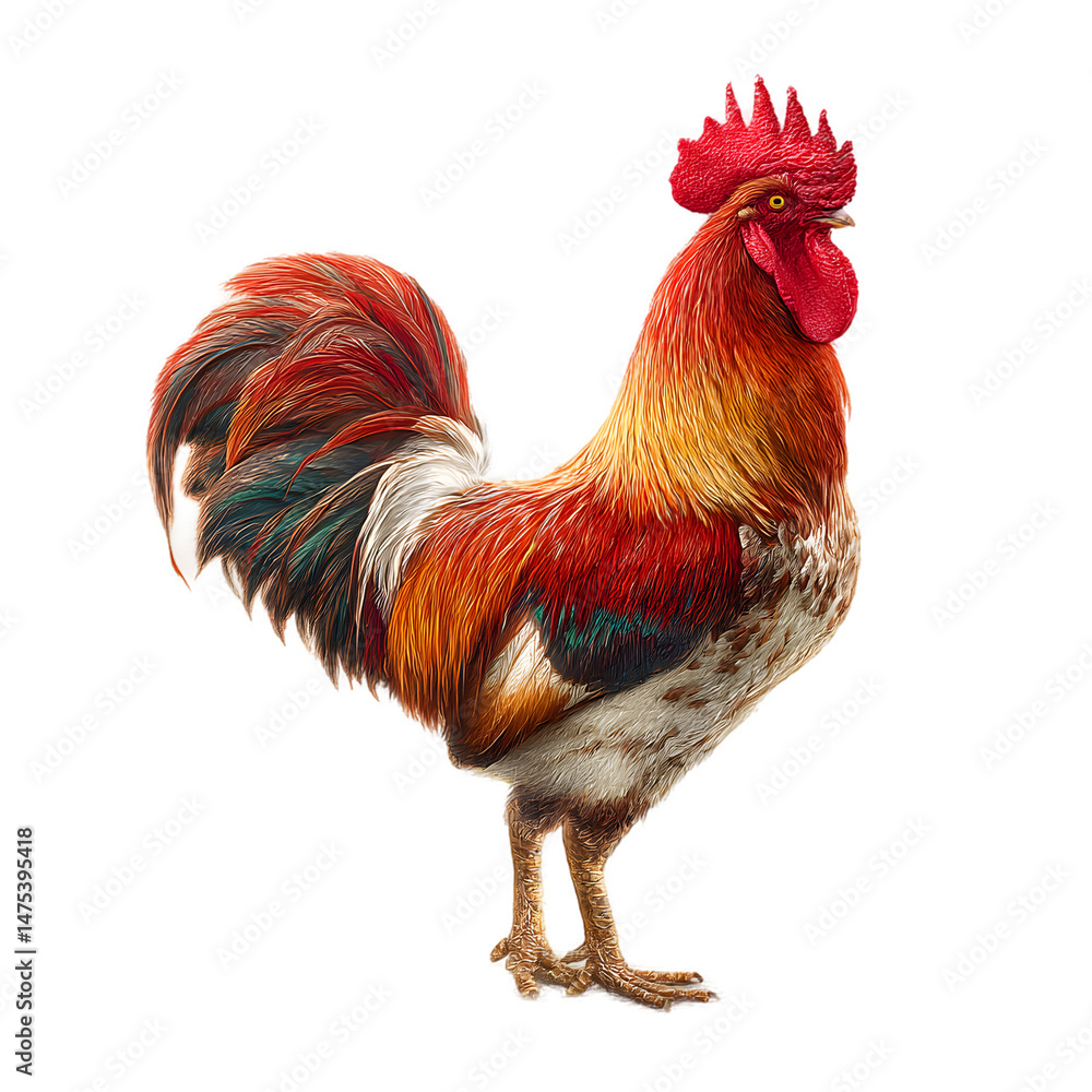 Fototapeta premium Majestic Rooster Vibrant Plumage, Proud Posture, Farm Animal