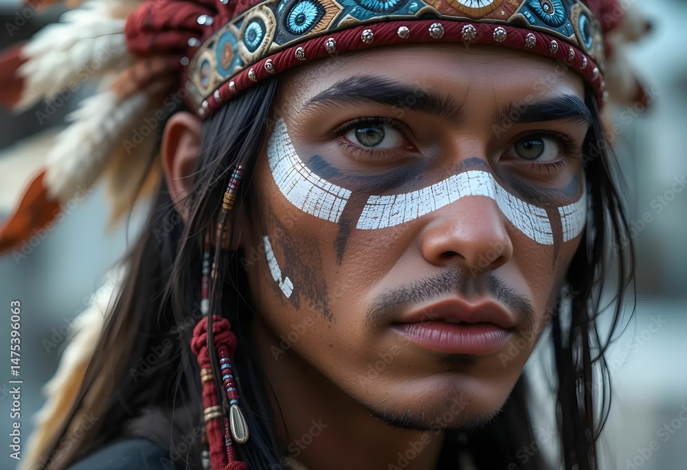 Close-up of Native American man with face paint in traditional style, focused gaze, modern background blur. Close-up of Native American man with face paint in traditional style, focused gaze, modern background blur.