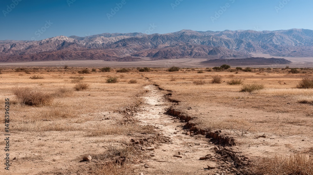 Arid Desert Landscape with Cracked Earth Path Leading to Majestic Mountains Arid Desert Landscape with Cracked Earth Path Leading to Majestic Mountains
