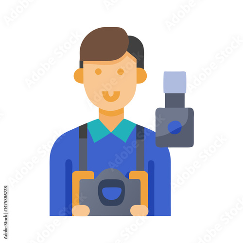 Flat vector illustration: Professional photographer with camera and lens