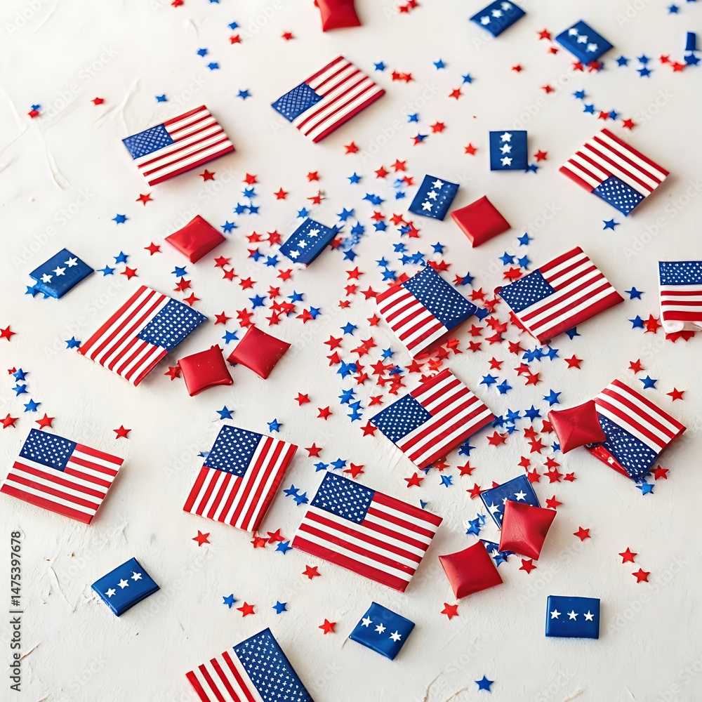 Obraz premium USA Patriotic Image: 4th of July Decorations, American Flags, Stars, Confetti