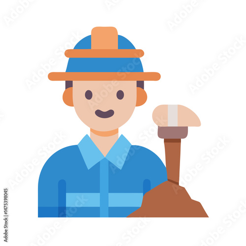 Cartoon miner with pickaxe in hat on black