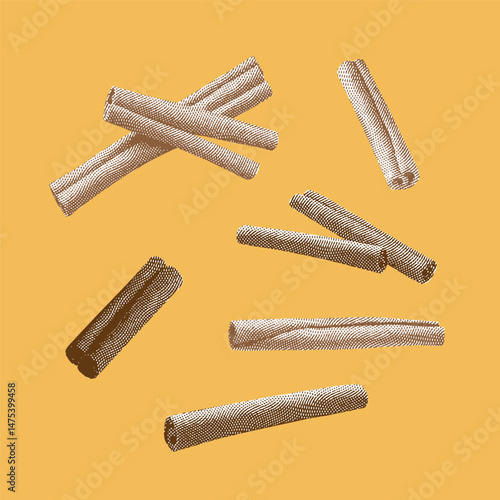 Cinnamon, cinnamon vector, cinnamon illustration, line drawing on yellow background.