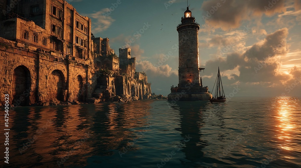 Fototapeta premium Coastal Sunset Over a Ruined Town