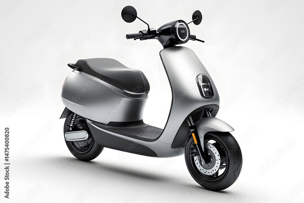 A silver electric scooter displayed on a white background in a studio environment for advertising A silver electric scooter displayed on a white background in a studio environment for advertising