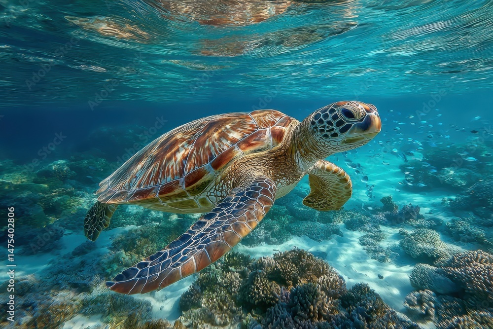 Fototapeta premium Majestic Sea Turtle Gracefully Glides Through Azure Waters near Coral Reef, Sunlight Filtering Through Surface, Marine Life Habitat