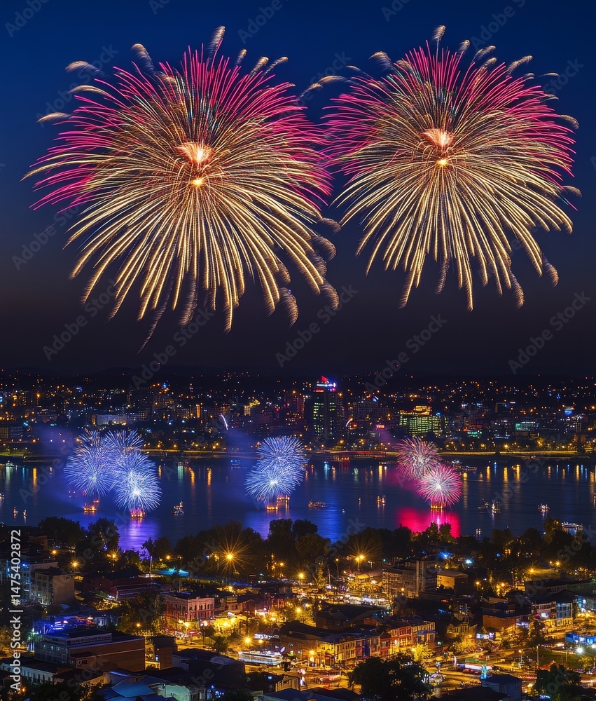 Obraz premium The cityscape is illuminated by dazzling fireworks on an energetic New Year's Eve, amidst a lively crowd and captured in high resolution 300 dpi