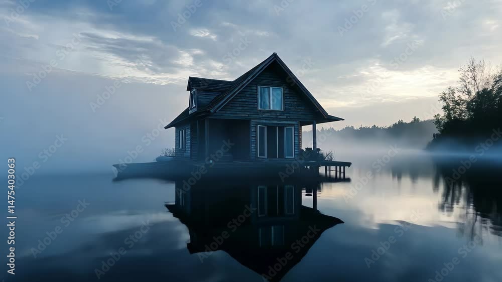 Charming wooden house floating on a serene lake surrounded by misty mountains at dawn, house on the lake in video Charming wooden house floating on a serene lake surrounded by misty mountains at dawn, house on the lake in video