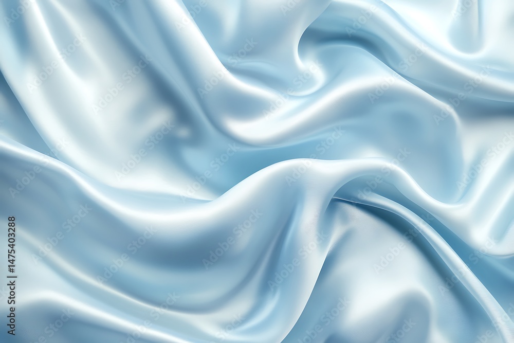 Fototapeta premium Light Blue Silk Fabric Waves, Satin Texture, Smooth Surface, Draped Textile