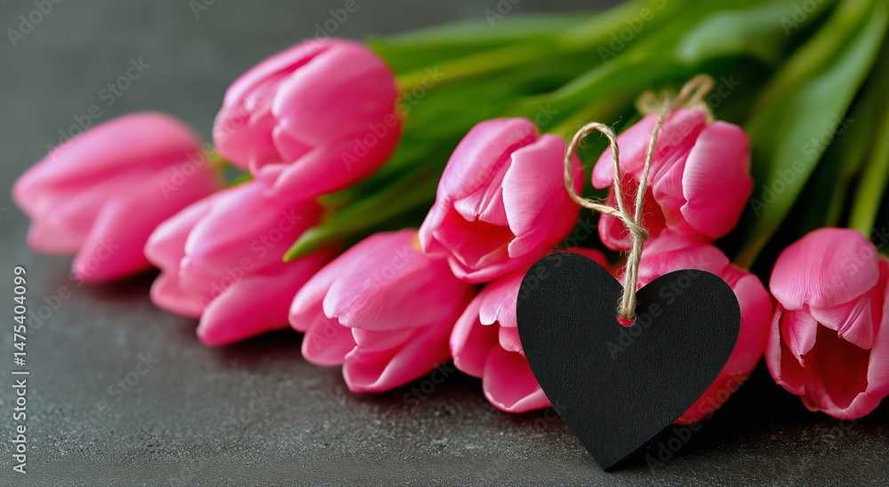 Fototapeta premium Beautiful Pink Tulips With Heart Shaped Tag in a Cozy Setting for Special Occasions