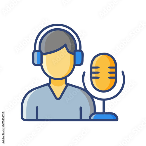 Podcast host with microphone, illustration on black background