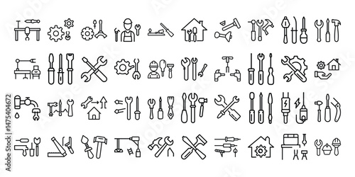 Handyman Tools and Equipment Icon Set on White Background