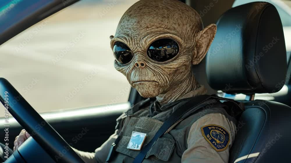 Alien in highway patrol disguise driving car on roadside during daytime ...