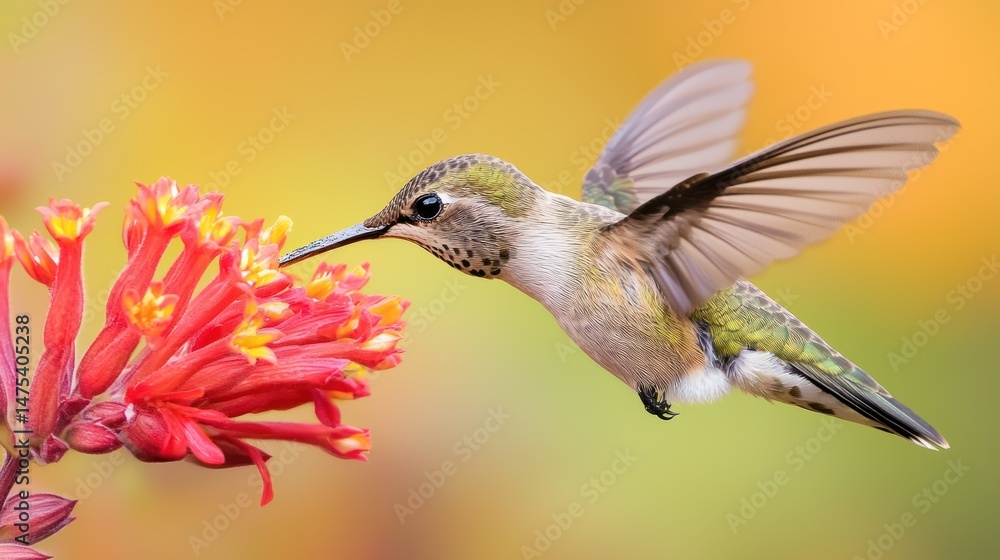 Fototapeta premium A hummingbird delicately feeding on a vibrant orange and red flower