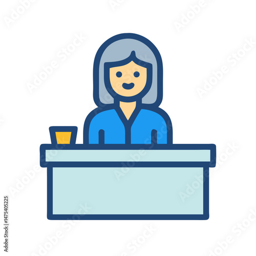 Receptionist at a desk with a drink icon
