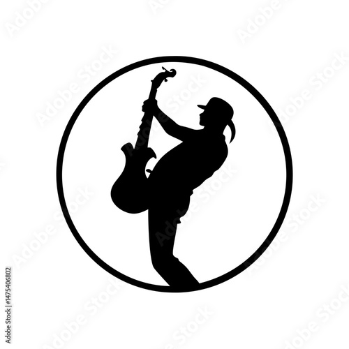 Silhouette of a rock and roll musician playing guitar in a circle