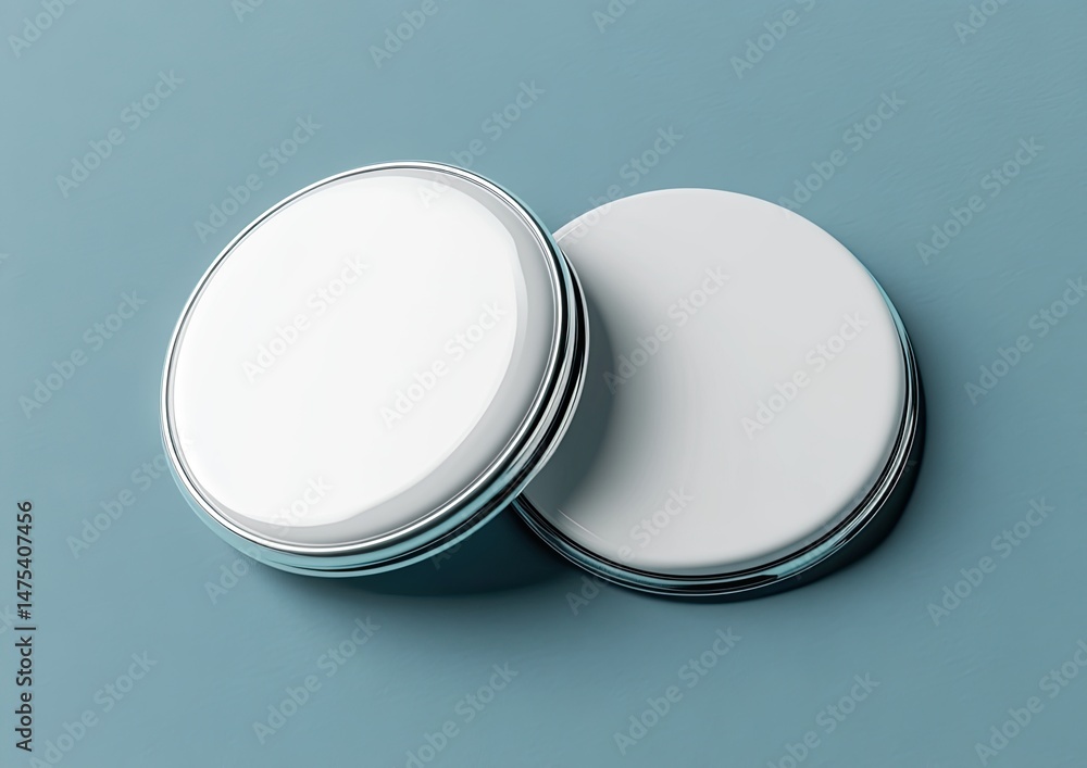 Two round, white containers on a blue background Two round, white containers on a blue background