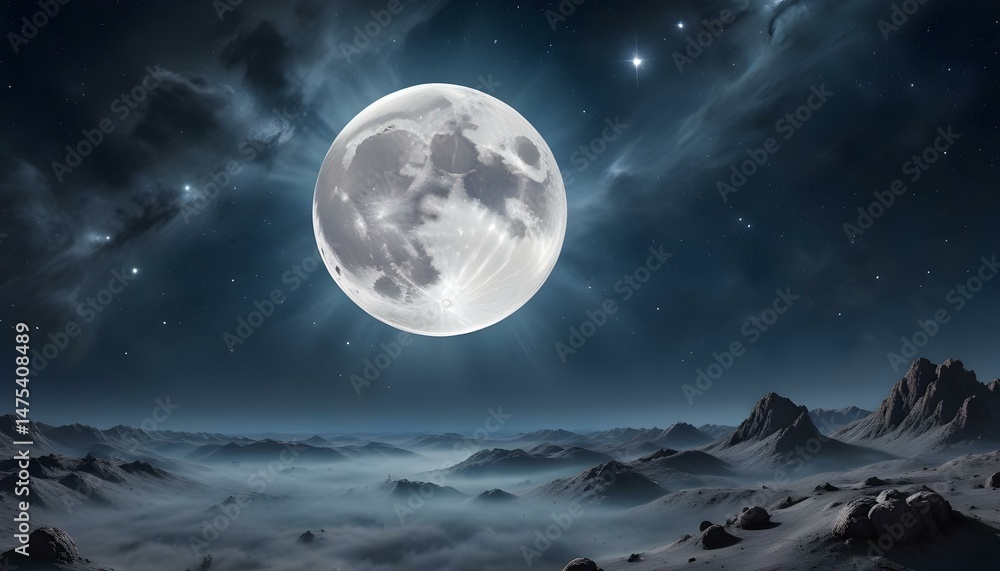 Fototapeta premium The full moon glows brightly above a mountainous terrain, creating a serene night scene.