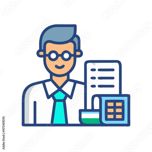 Accountant icon with checklist, calculator, and floppy disk