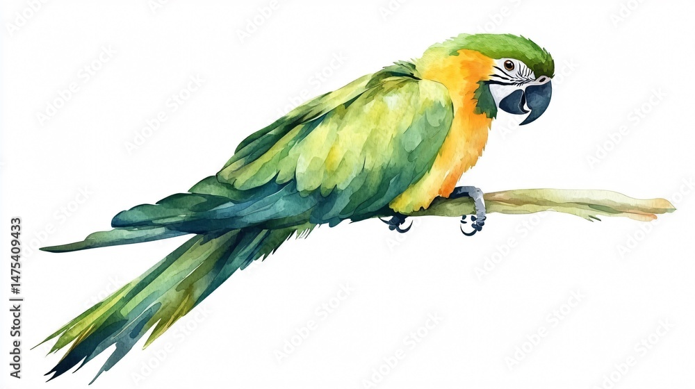 Fototapeta premium Exquisite Green Parrot Watercolor Illustration Isolated on White Background