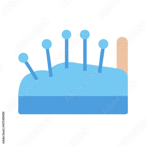 Blue pincushion holding several needles, sewing and crafting