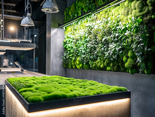 A living moss podium growing slowly under circadian rhythm lighting, wall with vertical garden system.