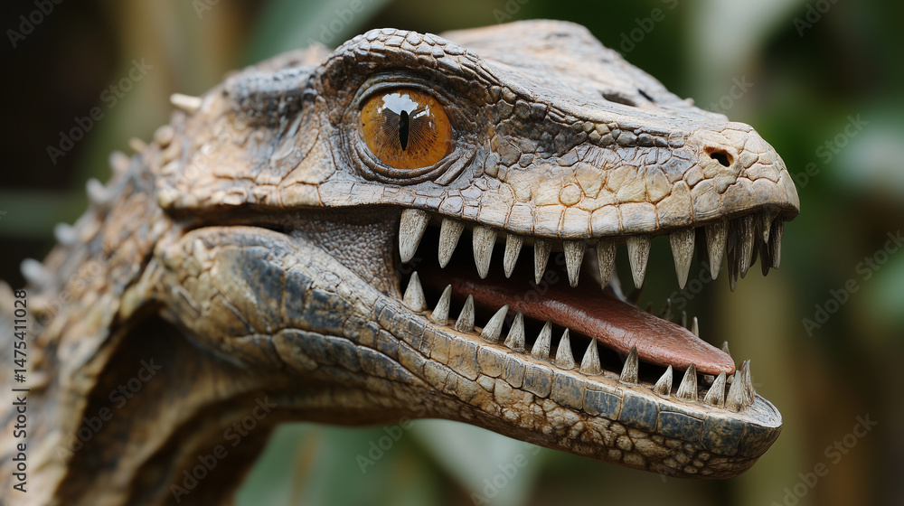 Detailed view of a reptilian alienâs jawline with sharp teeth and forked tongue visible