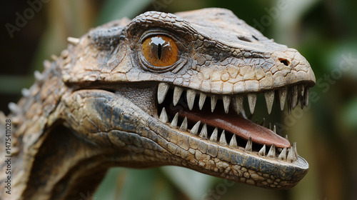 Detailed view of a reptilian alienâs jawline with sharp teeth and forked tongue visible