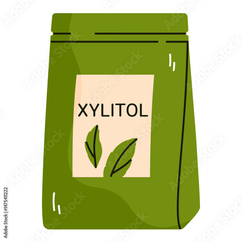 Xylitol in a green package. Natural sugar substitute in powder form. Healthy diet and diabetic-friendly product. Vector illustration in cartoon style. Isolated on white background