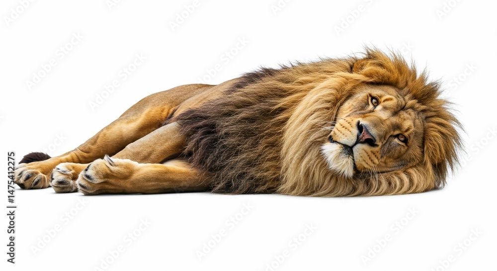 Obraz premium Majestic lion resting predator feline big cat wildlife animal portrait isolated on white background mammal