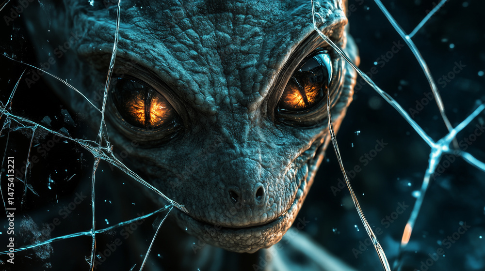 Close-up of a reptilian alienâs reflection in cracked glass, eyes glowing intensely