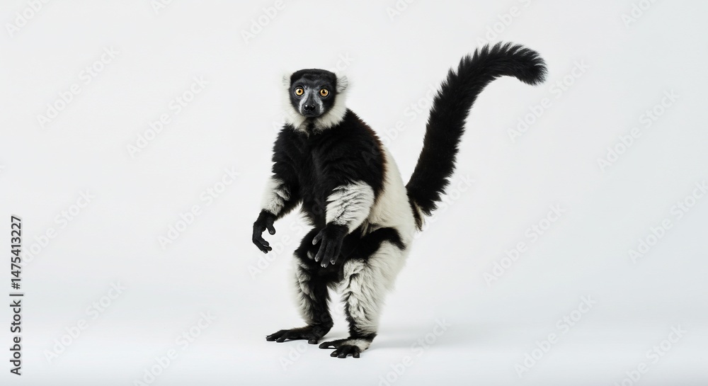 Fototapeta premium Black and white ruffed lemur standing madagascar wildlife animal primate zoo exotic mammal tail fauna fur