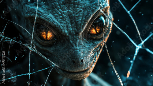 Obraz na płótnie Close-up of a reptilian alienâs reflection in cracked glass, eyes glowing intensely w salonie