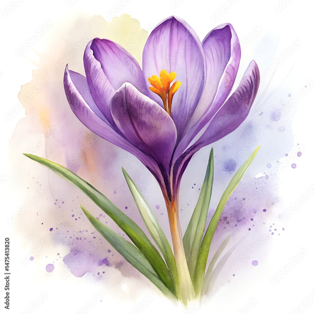 Naklejka premium purple crocus flower painted in watercolor on minimalist white
