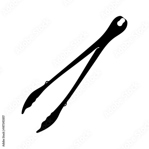 Black and white image showing a set of kitchen tongs with curved handles