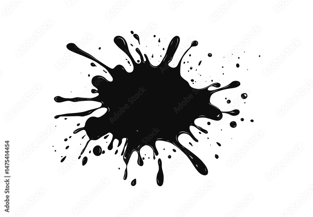 Abstract black ink splash isolated on white. Grunge paint splatter, urban ink blot for posters, T-shirt prints, digital artwork, messy drop texture, vector illustration for design projects. Abstract black ink splash isolated on white. Grunge paint splatter, urban ink blot for posters, T-shirt prints, digital artwork, messy drop texture, vector illustration for design projects.